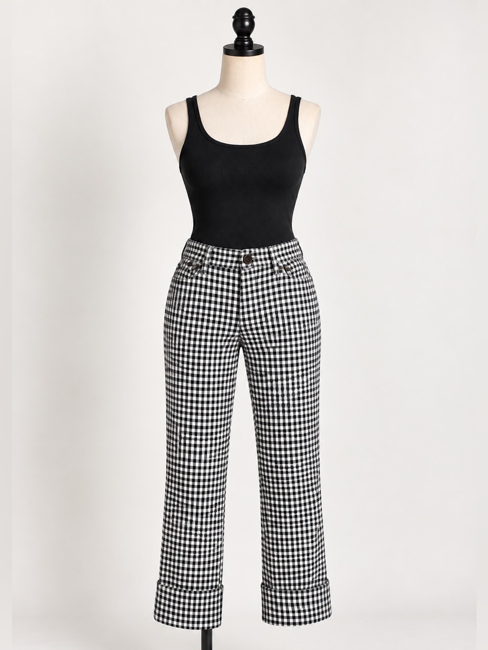 Anthropologie Essential Crop Flare Gingham Pants Black White Size 8